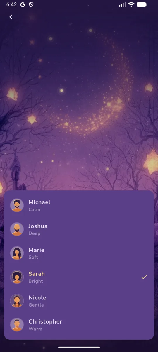 Dreamsy narrator selection showing six voice choices